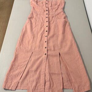 Pink Strapless Button Front Midi Dress with Slits Feminine Lightweight